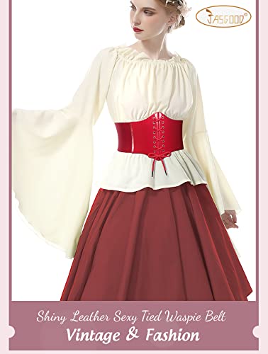 JASGOOD Women Corset Patent Leather Tied Waspie Vintage Lace-up Cinch Elastic Waist Belt for Cosplay Halloween3