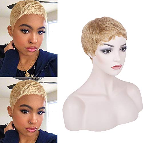 PHOCAS Human Hair Short Pixie Wig Blonde Brazilian Short Cut Wigs Pixie Cut Short Curly Wigs for Women