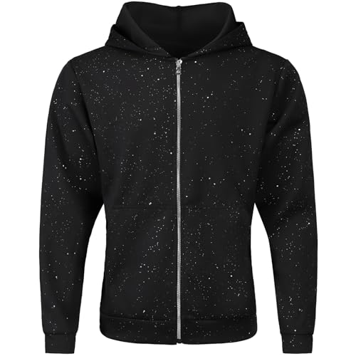 WPLQGL Unisex Black Sparkle Star Hoodie - Full-Zip Long Sleeve Sweatshirt with Kangaroo Pocket, Black, XXL