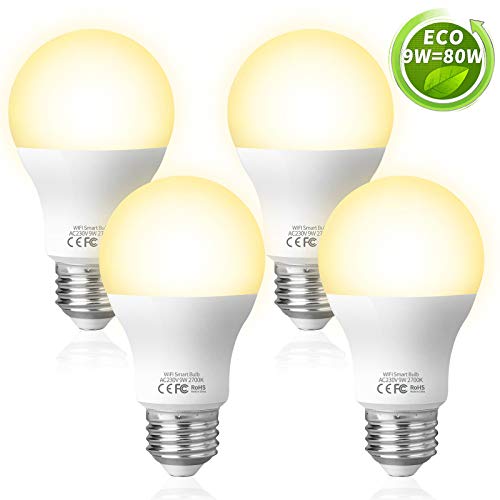 Fitop Bombilla Inteligente, Bombillas LED WiFi 9W 806 Lúmenes Compatible con Amazon Alexa (Echo, Echo Dot) Google Home y IFTTT, E27 Luz Cálida 2700K Regulable No se Requiere Hub (Paquete de 4)