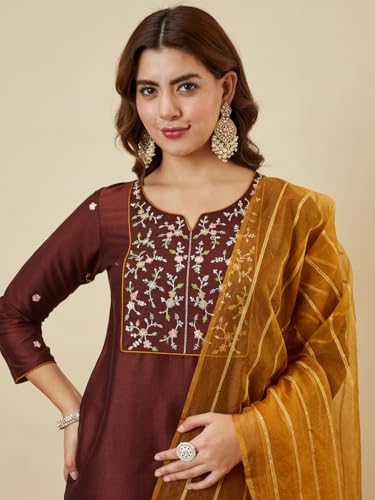 Image of MOKOSH Women's Silk Blend Kurta Pant with Dupatta | Kurta Set | Embroidery | Indian Kurta Outfit With Pant | Ethnic Kurta | 3 Piece Outfit