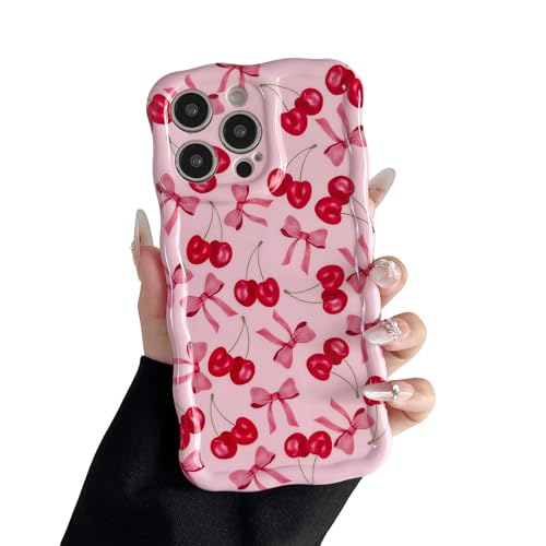 branple Compatible with iPhone 14 Pro Max Case, Cute Wave Curly Pink Cherry Bow Phone Case for Women, Soft TPU Shockproof Protection Cover Designed for iPhone 14 Pro Max 6.7 inch