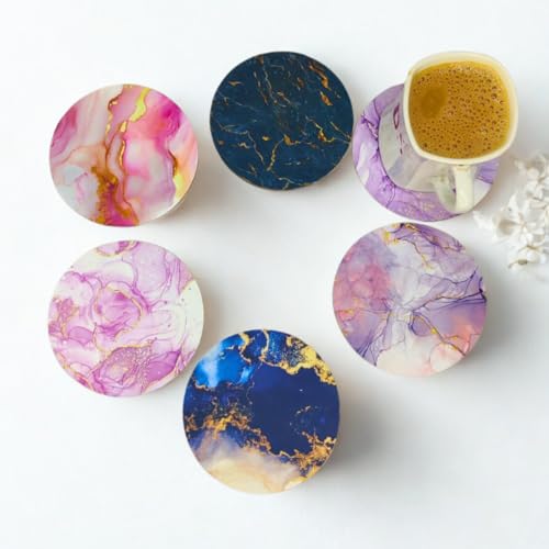 Image of Zesta Coasters for Cups Set of 6 / Wooden Coasters for Bar Accessories for Home /Tea Coaster Set of 6 / Waterproof Dining Table Decor Glass Cover (Marble, Circle)