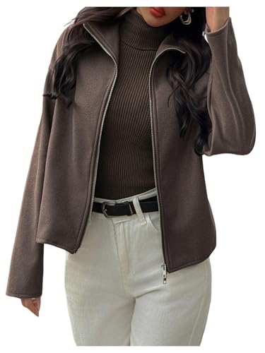 SOLY HUX Women's Tweed Jacket Zip Up Mock Neck Long Sleeve Casual Jackets Outerwear