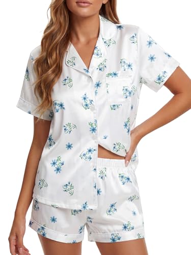 LYANER Women's Satin Silky Soft Pajamas Set Flower White Medium