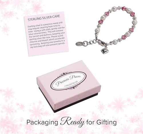 Precious Pieces Children's Sterling Silver Bracelet for Infant Babies and Little Girls with Cultured Pearls and Pink High-End Crystals and Heart4