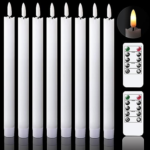 GenSwin Taper Flameless Candles Flickering with 2 Remote Controls and Timer, Battery Operated Led Warm 3D Wick Light Window Candles Real Wax Pack of 8, Christmas Home Decor(White, 0.78 X 9.64 Inch)