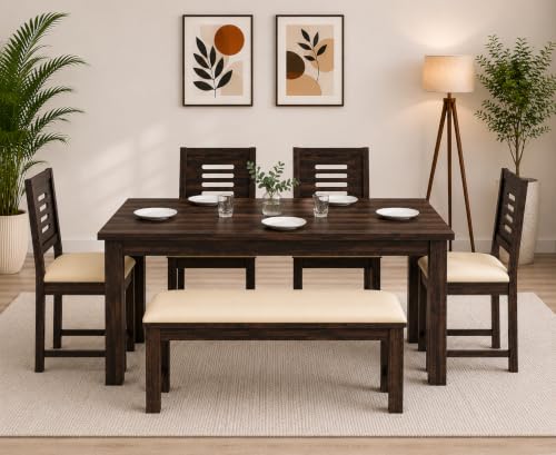 Image of AADITYA WOODS Solid Sheesham Wood Six Seater Dining Table Set with Chairs & Bench for Living Room Home Wooden 6 Seater Dining Table for Home Office Dining Room Set- Walnut & Cream