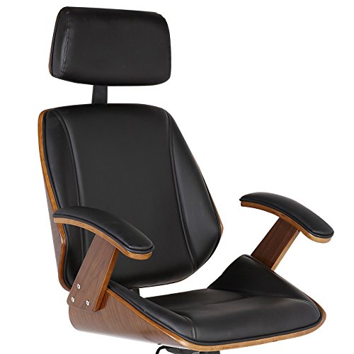 Armen Living Century Office Chair In Black Faux Leather And Walnut Wood, Chrome Finish #TOP2