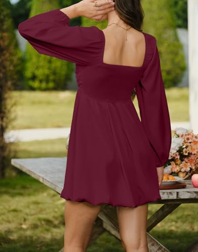 Image of HYPERFIRE Women's Square Neck Long Sleeve Bubble Mini Dress Pleated Smocked A Line Wedding Dresses