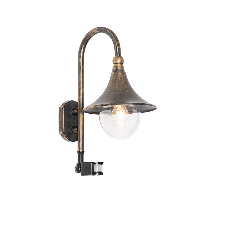 Qazqa - Outdoor Wall Lamp I Wall Light Antique Gold IP44 incl. Motion Detector - Daphne Garden- - Classic I Antique - Suitable for LED E27 | 1 Light - Aluminium Security Light - Suitable for