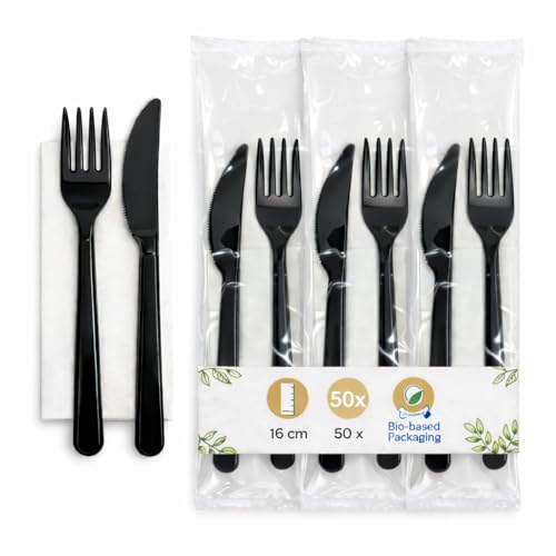 Vertdurée – 20 Kits Couverts 3 en 1 Noirs avec Serviette – Fourchette et Couteau 16 cm – Usage Restauration, Événements, Vente à Emporter...