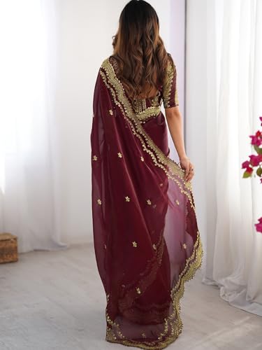 Image of Satrani Women's Shimmer Chiffon Sequins Embroidery Saree with Unstitched Blouse Piece