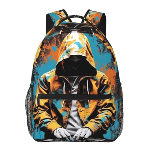Graffiti Dj Hooded Man Backpack Lightweight Daypack Laptop Bag Pockets Stylish Shoulders Backpack