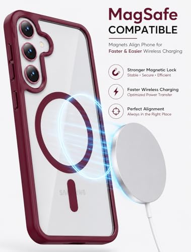Image of ArmourPro MagSafe Compatible Case for Samsung Galaxy S24, Magnetic Wireless Charging Back Cover with Clear Back, Flexible TPU Bumper, Camera Protection | Wine Red