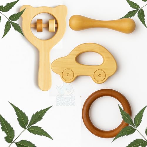 Image of Shark Doo Doo Neem Wood Baby Teether & Rattle Combo (Car, Rattle, Ring & Stick) | Organic & Handcrafted | Chemical-Free, Antibacterial Teething Toy for Babies