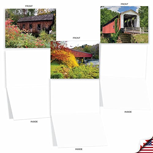 Image of The Best Card Company - 10 Beautiful Note Cards Blank (4 x 5.12 Inch) - Fall and Autumn Season, Boxed Notecard Assortment - Covered Bridges M2374OCB
