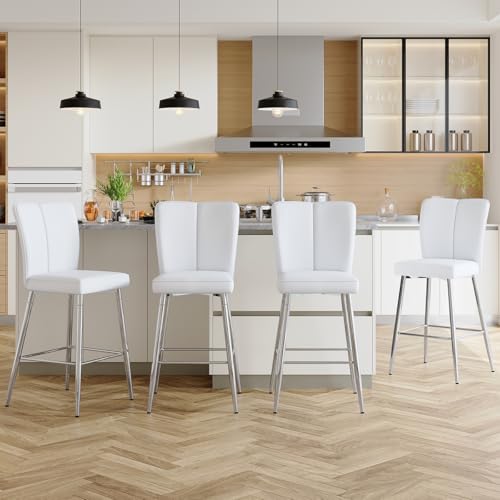 Image of Counter Height Bar Stools Set of 4,27''Kitchen Island Stools with Back,White Barstools with Sturdy Metal Legs,Modern Bar Stools Ideal for Kitchen Island Pub Cafe(Faux Leather-White)