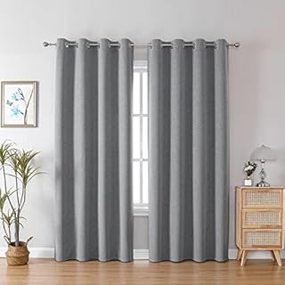 CUCRAF Total Blackout Curtain With Eyelet, Thermal Insulated Linen Look Noise Reducing Curtains for Living Room,46 x 72 Inch, Light Grey, 2 Panels