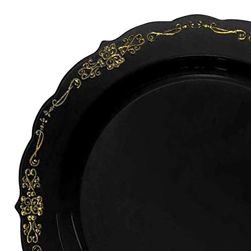 Plastic Salad Plates - 7.5" | Black | Round | Gold Vintage Rim | Pack Of 10 #TOP1