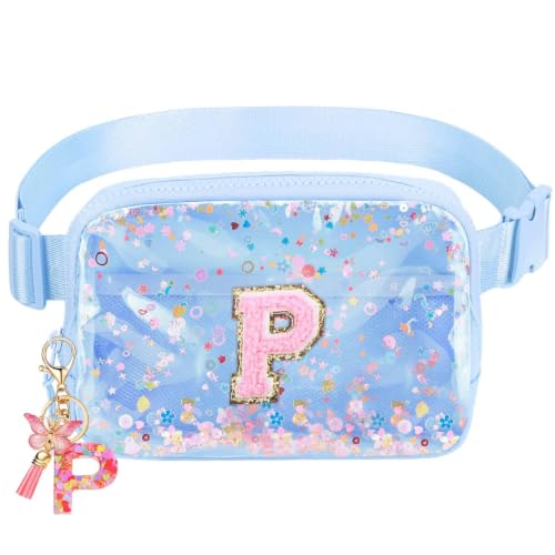 Image of Initial Fanny Pack for Girls - Belt Bag for Teens Kid Teen Girl Kid Birthday Gift Blue Clear P