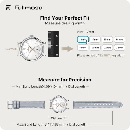 Image of Fullmosa 12mm Quick Release Leather Watch Band | Traditional Smartwatch Replacement Strap for Women Formal Daily Commute, Light Gray&Silver Buckle