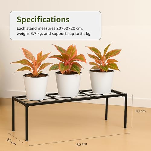 Image of Amazon Brand - Solimo Metal Plant Stand (Set of 4, Black) - Powder-Coated Iron, Heavy-Duty with Sturdy Legs, Corrosion-Resistant, Indoor & Outdoor Use, 20x60x20 cm, Holds up to 54 kg