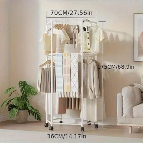 Image of Lukzer 360Rotating Hexagonal Clothes Drying Rack Double Layer Metal & Plastic Floor-Standing Coat Hanger with Wheels Freestanding Storage Organizer for Bedroom Balcony, Dorm, Living Room White CH-095