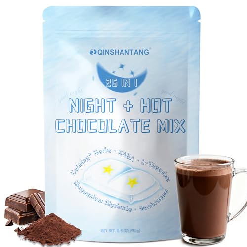 Mushroom Hot Chocolate | 26 in 1 Nighttime Superfood Blend with 14 Mushrooms, Magnesium Hot Cocoa, Ashwagandha, GABA &amp; L-Theanine | Sleep Aid, Calm Support | Cacao Powder | Vegan, Gluten-Free | 8.5 Oz