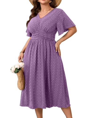 RWJ 3X Maxi Dresses for Women Plus Size, Summer Short Sleeve Swiss Dot Fashion V Neck Flowy A Line High Waist Boho Swing Lightweight Holiday Dresses 2025 Purple 3X-Large