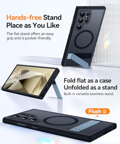 Image of CANSHN Strong Magnetic & Seamless Stand Designed for Samsung Galaxy S24 Ultra Case [Full Camera Protection] [Adjustable Kickstand] [Compatible with MagSafe] Translucent Matte Phone Cover - Black