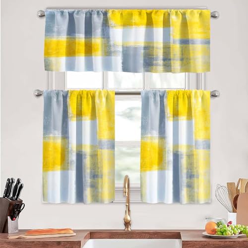 MCALK Grey and Yellow Kitchen Curtains Tiers and Valances Set for Windows, Modern Abstract Art Valances for Living Room (36" Tiers Set)
