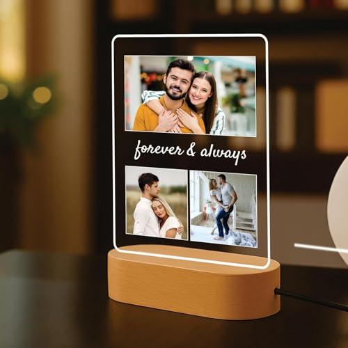 Image of Giftplease Customized Photo & Message Gift for Loved Ones Wooden Base LED Plaque Personalized Frame Perfect for Mom, Dad, Friends, Family, Couples, Birthday, Wedding Anniversary, Valentine