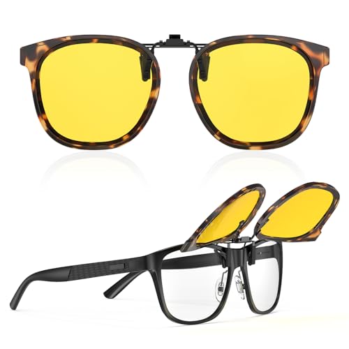 Goiteia Oversized Flip up Clip on Night Driving Glasses for Men Women, Anti Glare from Headlights, Frame Clip Conceal Glasses (Brown Tortoise(60 * 53mm))