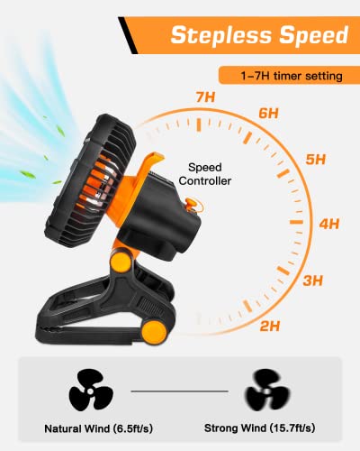 Rovtop Portable Camping Fan With Led Light, 22000Mah Usb Rechargeable Battery Operated Tent Fan, Step-Less Speed/360° Rotation/Timer Outdoor Camp Fan For Picnic, Barbecue, Fishing [Hanging+Clip+Floor] #TOP1