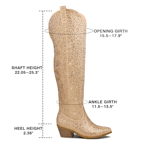 Women's Silver sparkle Rhinestone Over the Knee Cowboy Boots Sexy Glitter Pointed Toe Chunky Heel Zipper Wide Calf Tall Cowgirl Boots Fashion Retro Classic Party Shoes for Girls2