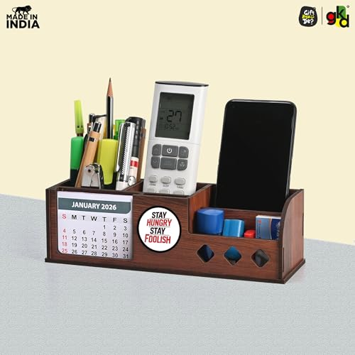 Image of GKD Wooden Motivational Quote Desk Calendar 2026 with Clock & Desk Organizer | Premium Engineered Wood Table Calendar for Office & Home Decor | Corporate Gift | Made in India
