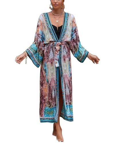Image of Women's Kimono Cover Up Long Beach Dress Swimsuit Cover Ups Colorful Cardigan Lightweight Robe for Swimwear