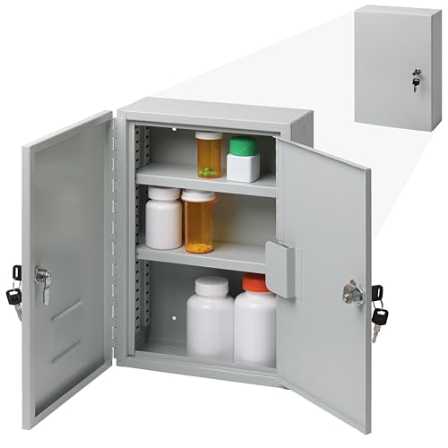 Durabox 2-Door Narcotics Cabinet - Double Door & Dual Key Lock Steel Cabinet for Safe Storage of Medicine, Prescription Drugs, Medical Supplies and More, 10" W x 15" H x 4-1/2"D (Grey, Small)
