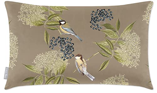 Izabela Peters Cushions With Covers Included, Filled Cushion, Eco-Friendly Velvet Cushions, 50 x 30 cm, Bird on Elderflower - Taupe, Chair Cushions, Sofa Cushions, Seat Cushions