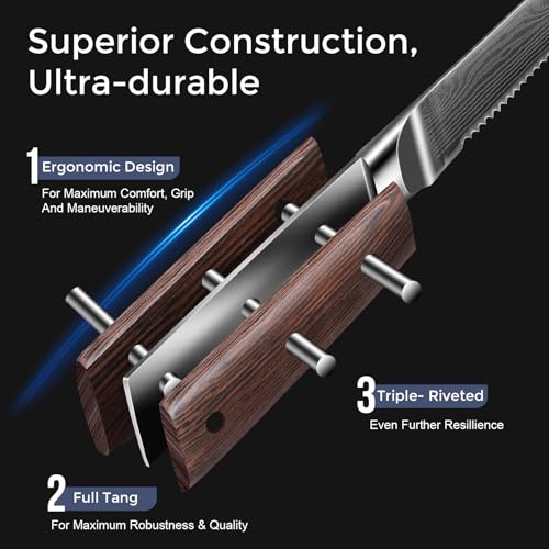 Plys Steak Knives Set of 6 Japanese: Serrated Knife Stainless Steel Steak Knife Set for Kitchen Dishwasher Safe Full Tang Design with Gift Box for Mother and Father - Image 4