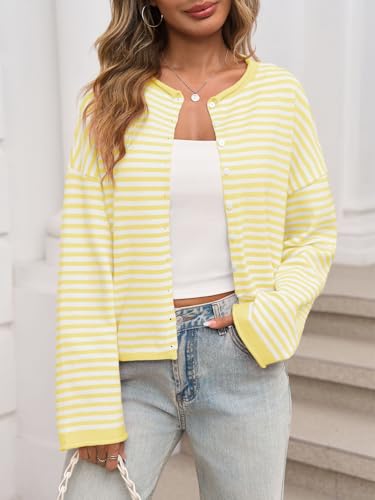 Image of Saodimallsu Womens Striped Cardigan Casual Long Sleeve Open Front Button Down Loose Knit Lightweight Fall Sweaters