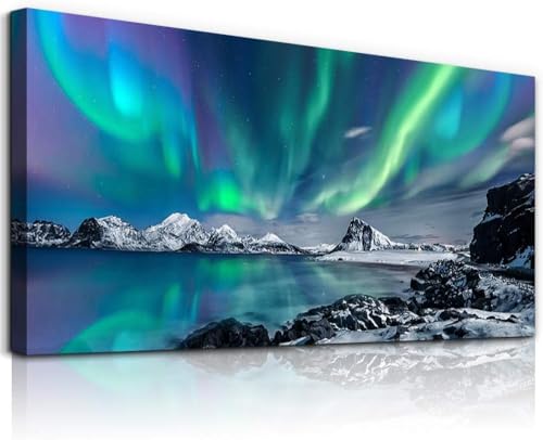 hyidecorart Leinwandbilder Nordlicht Groß 59x119 cm XXL Schlafzimmer, Modern Bilder mit Rahmen für Wohnzimmer Natur Wanddeko Grün Polarlicht Landschaft Kunstdruck Deko Zimmer Büro Flur Wohnung