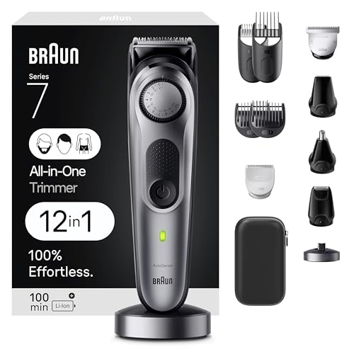 Braun All-in-One Men's Shaving Kit Series 7 7440, 12-in-1 Beard, Face, Nose, Ear Trimmer, Hair Clippers, Body Groomer and Manscaping + Travel Case + Charging Stand