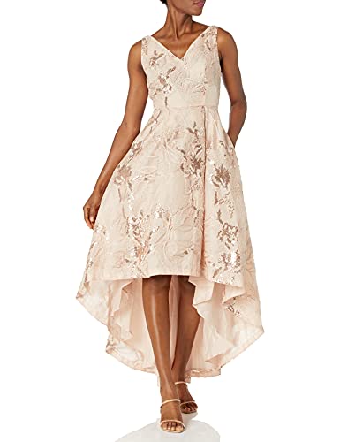 Calvin Klein Women s Sleeveless V-Neck High Low Hem Gown in Metallic Lace Fabric, Beige 2, 6