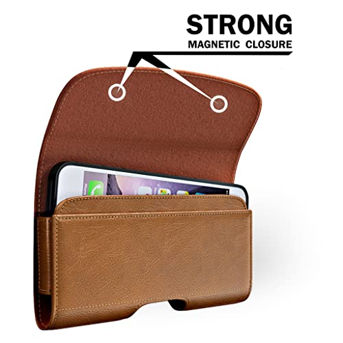Image of PiTau Holster for Large iPhone Plus, Pro Max Models 16 15 14 13 12 11 Xs Max - Cell Phone Belt Holder Clip Case, ID Card Carrying Pouch (Fits Otterbox Commuter Case) Brown