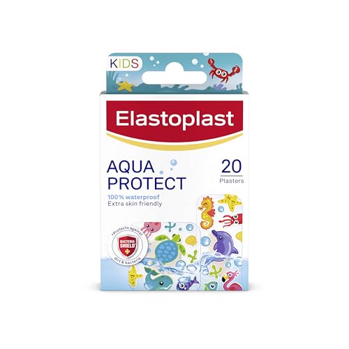 Elastoplast Aqua Protect Kids Plasters (20 Strips) 100% Waterproof and Flexible Plasters with Colourful Marine Designs for Minor Wounds for Children