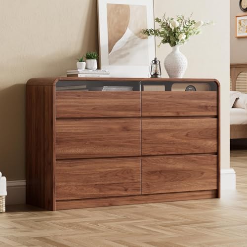 Ieejdn 47.2" Dresser with 6 Drawer, Wide Dresser with Recessed Glass Display & Silent Metal Rails, Handleless Chest of Drawers for Clothes, and Bedding, Brown