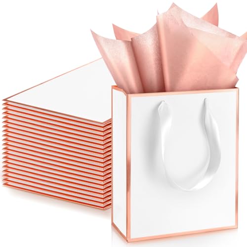 Image of Yeaqee 24 Pack Metallic Paper Gift Bag with Tissue, White, Rose Gold | with Satin Ribbon Handle and Tissue, 9x7x3.1 Inch, Suit Business, Birthday, Christmas, Thank You Return Gifts Bags