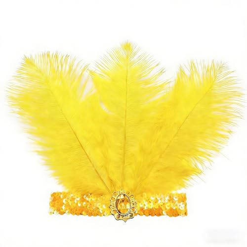 Fenisonavy Feather Headpiece Sequins Headbands 2pcs Yellow 1920s Flapper Showgirl Headpieces for Women